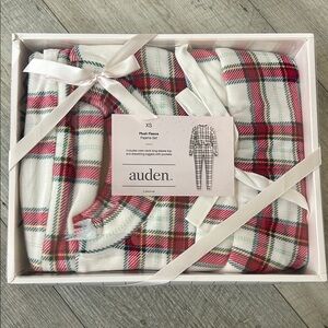 Auden White Plaid Plush Fleece Pajama Set with Red and Green Accents
